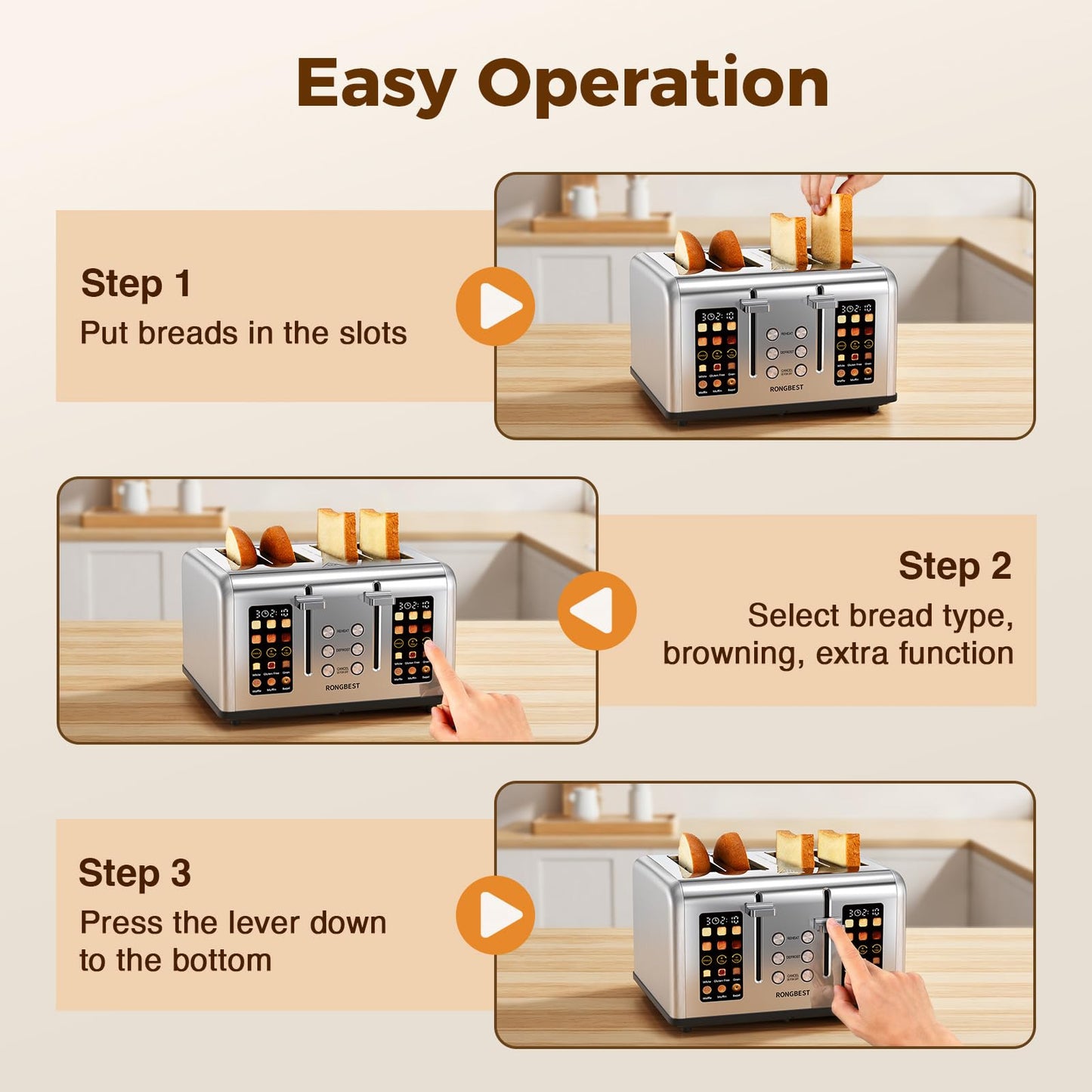4 Slice Touch Screen Toaster, Easy-to-Use Digital Stainless Steel Toaster with Wide Slots, Reheat Defrost Cancel, Removable Crumb Tray, Silver