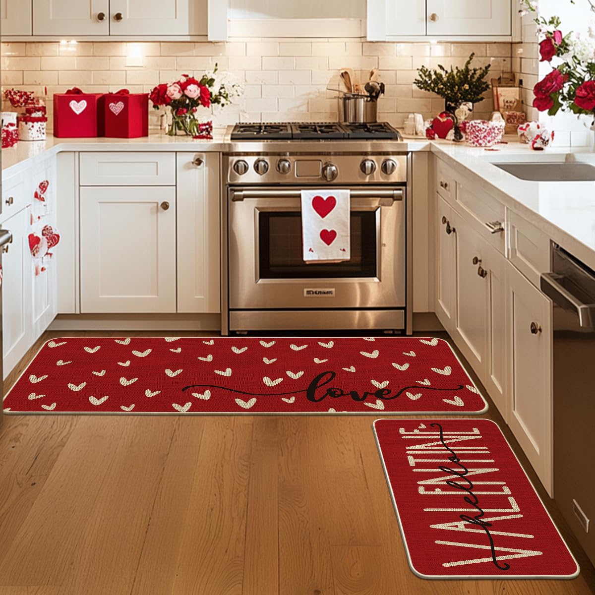 Artoid Mode Red Love Heart Hello Valentine's Kitchen Mats Set of 2, Home Decor Low-Profile Kitchen Rugs for Floor - 24x35 and 24x59 Inch