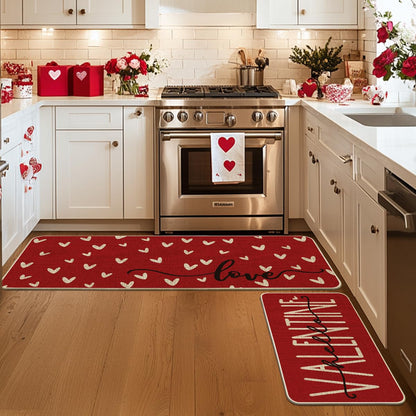 Artoid Mode Red Love Heart Hello Valentine's Kitchen Mats Set of 2, Home Decor Low-Profile Kitchen Rugs for Floor - 24x35 and 24x59 Inch