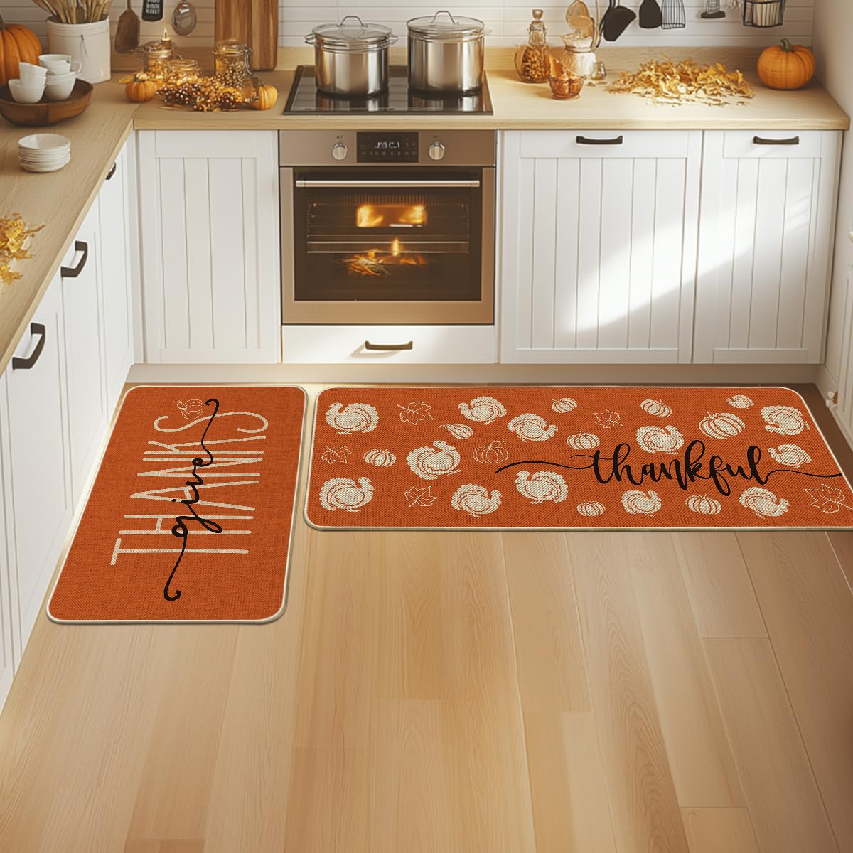 Artoid Mode Turkey Pumpkin Maple Leaves Thanksgiving Kitchen Mats Set of 2, Home Decor Low-Profile Kitchen Rugs for Floor - 24x35 and 24x59 Inch