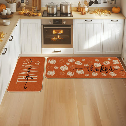 Artoid Mode Turkey Pumpkin Maple Leaves Thanksgiving Kitchen Mats Set of 2, Home Decor Low-Profile Kitchen Rugs for Floor - 24x35 and 24x59 Inch
