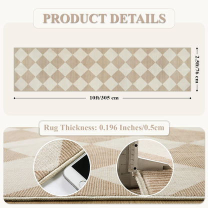 Beeiva Checkered Print Long Hallway Runner Rug Non Slip, Beige Ultra Thin 2.5x10 Washable Runner Rug, Moroccan Trellis Home Decor Faux Wool Neutral Carpet for Bathroom Kitchen Hallways, 10ft