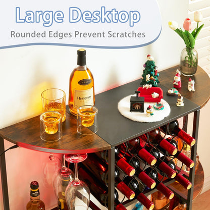 JKsmart Wine Bar Cart with LED Lights, Mini Wine Rack with Storage and Glass Holder, Small Home Bar Cart for Liquor, 3-Tier Bar Table for Kitchen, Dining Room, Living Room, Rustic Brown