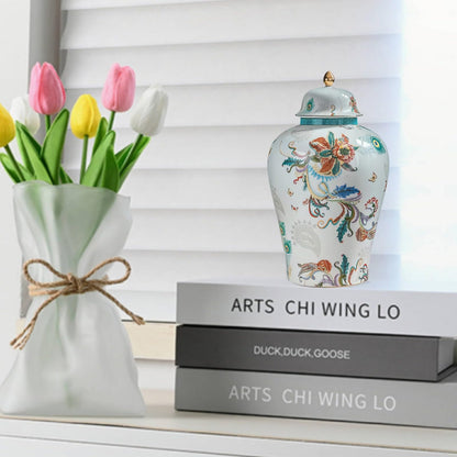 MYMYYT 12 inches flowers Ginger Jar - floral pattern Ceramic Decorative with Lid vase， chinoiserie gift Enamel jars for Home/Kitchen/Dining/living room/shelf decor/Tea Storage