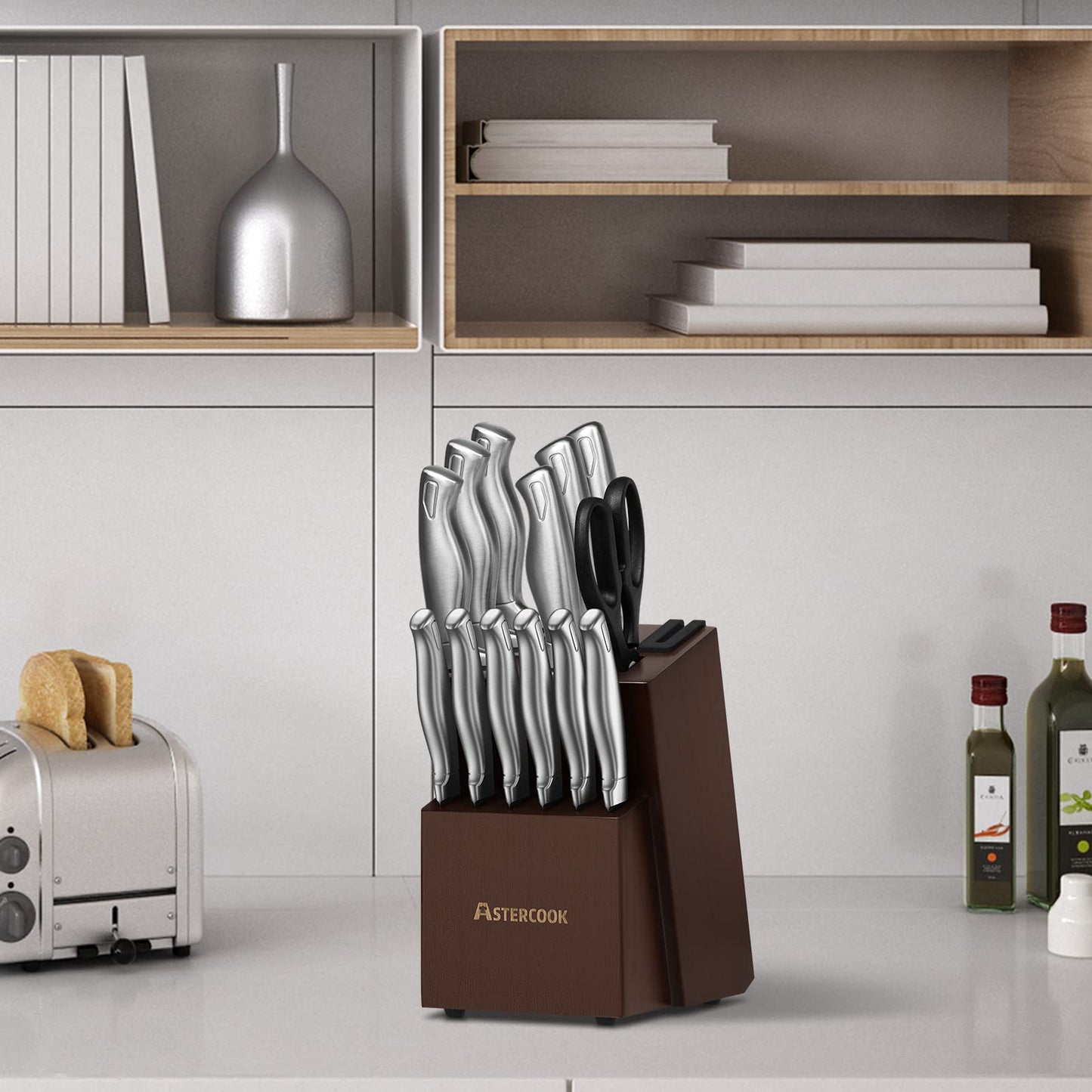 Astercook Knife Set, 15-Piece Kitchen Knife Set with Block, Built-in Knife Sharpener, German Stainless Steel Knife Block Set, Dishwasher Safe, Mothers Day Gifts