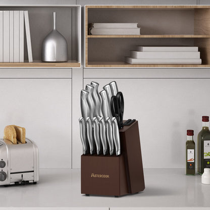 Astercook Knife Set, 15-Piece Kitchen Knife Set with Block, Built-in Knife Sharpener, German Stainless Steel Knife Block Set, Dishwasher Safe, Mothers Day Gifts