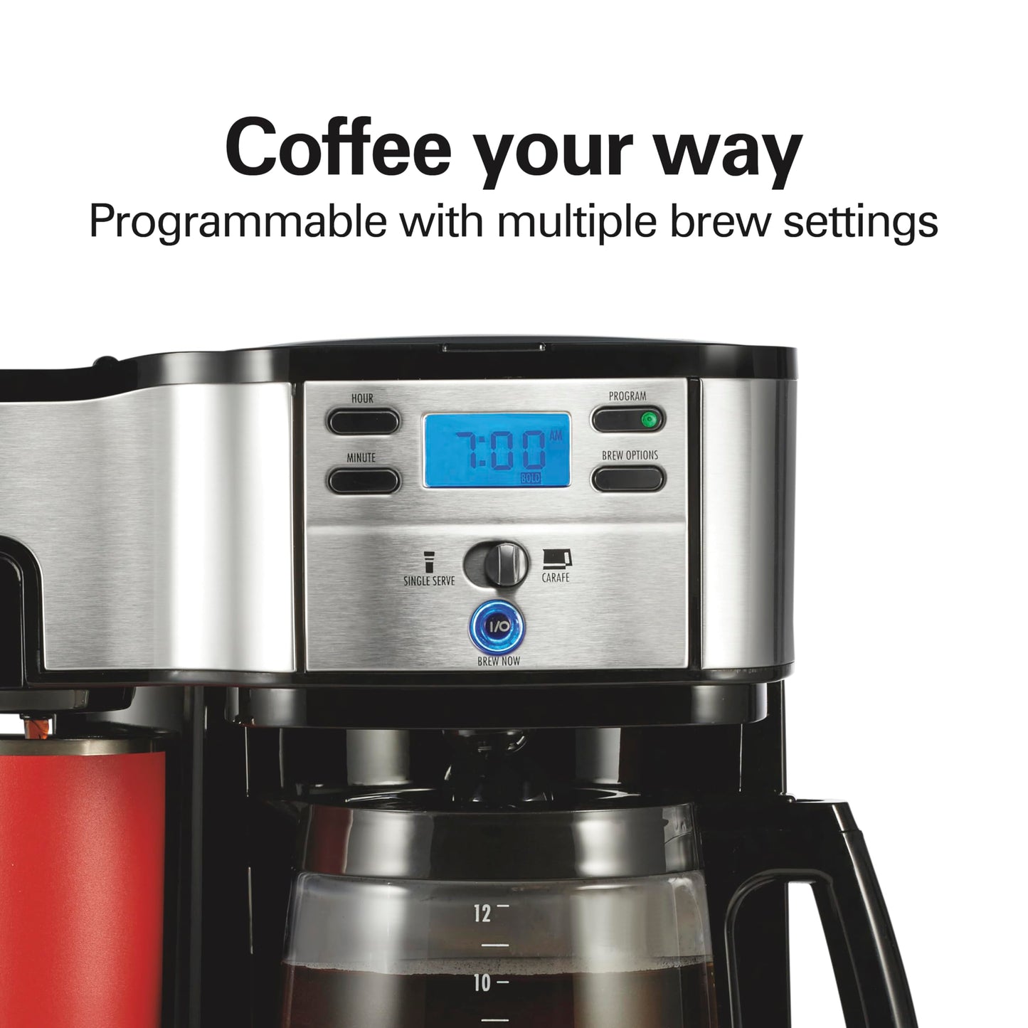 Hamilton Beach 2-Way Programmable Coffee Maker, 12 Cup Glass Carafe And Single Serve Coffee Maker, Black with Stainless Steel Accents, 49980RG