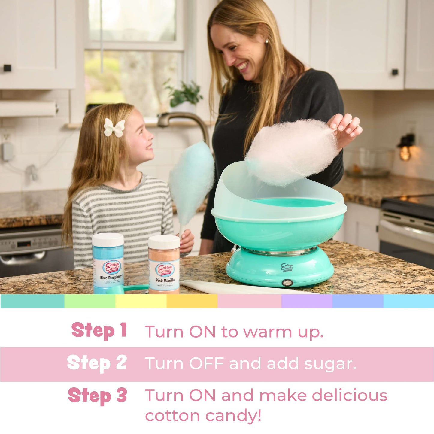 Cotton Candy Express CC1000-S Cotton Candy Machine, with 5-11oz. Jars of Cherry, Grape, Blue Raspberry, Orange, Pink Vanilla Floss Sugar & 50 Paper Cones Easy to Use and Clean