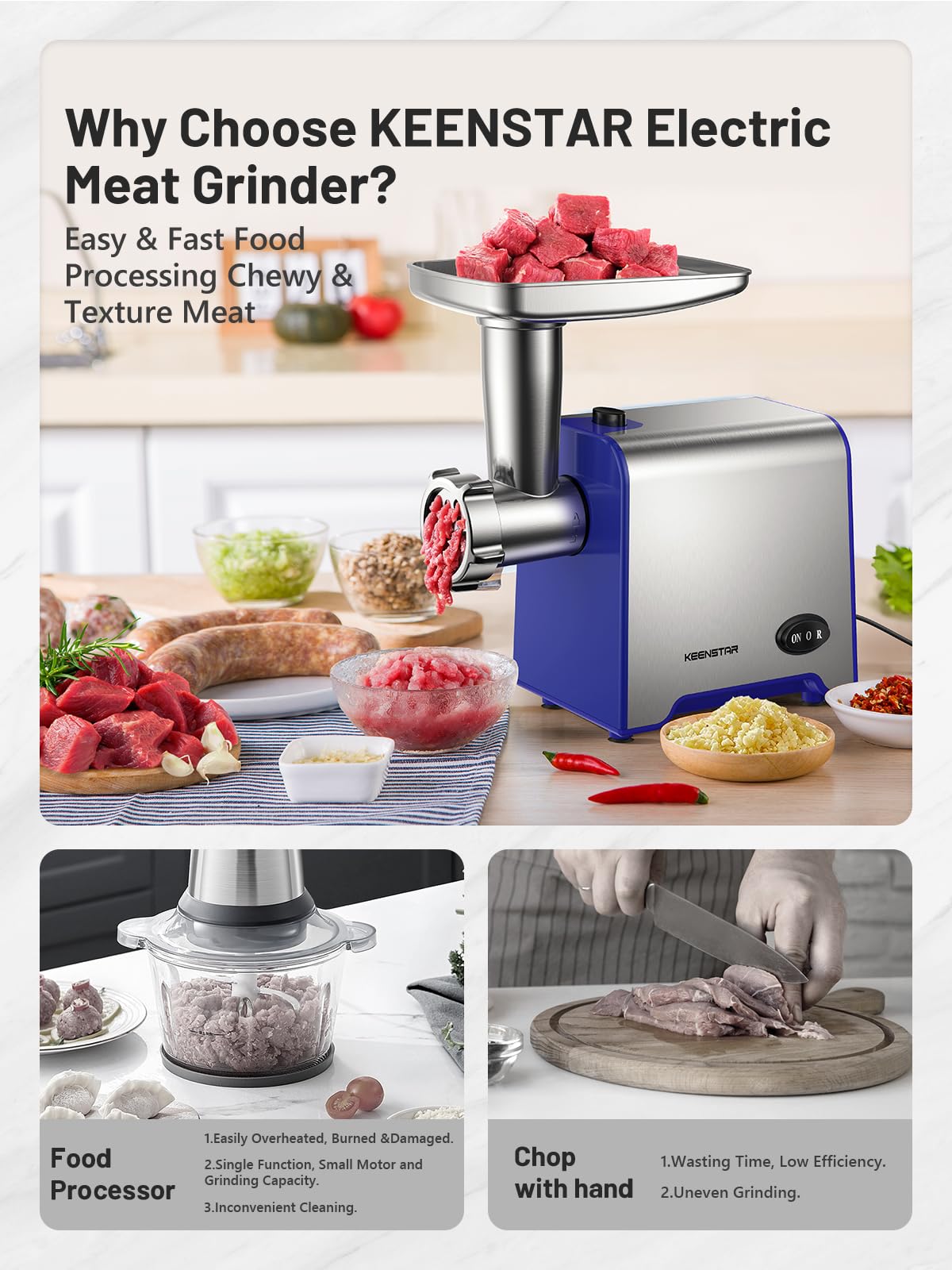 KEENSTAR Electric Meat Grinder, Sausage Stuffer Maker 450W Food Grinder with Blade & 3 Plates, Sausage Stuffer Tubes & Kubbe Kit, Stainless Steel Meat Mincer Machine for Home Kitchen Use (Blue)