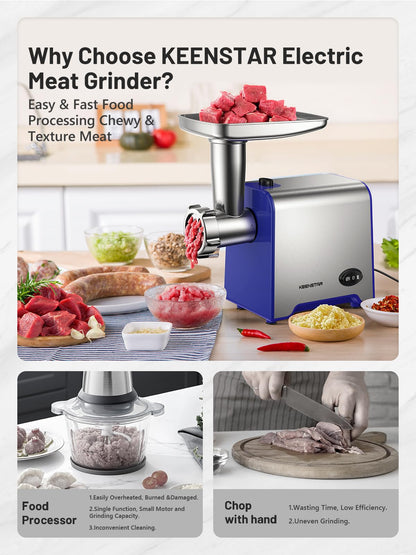 KEENSTAR Electric Meat Grinder, Sausage Stuffer Maker 450W Food Grinder with Blade & 3 Plates, Sausage Stuffer Tubes & Kubbe Kit, Stainless Steel Meat Mincer Machine for Home Kitchen Use (Blue)