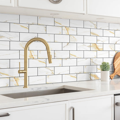 StyloVue 100 Pieces Peel and Stick Backsplash for Kitchen, 3" x 6" PVC Subway Tile Upgraded Calacatta Gold with Dark Gray Grout Backsplash Stick on Tile Elevate Kitchen, Bathroom, Fireplace,RV