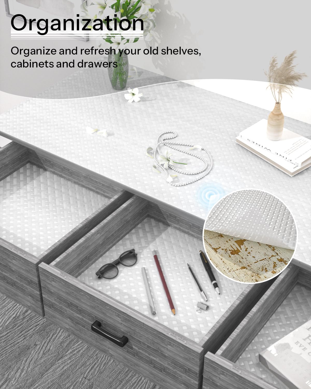 Shelf and Drawer Liner for Kitchen Cabinet, Non-Adhesive 18in x 360in Waterproof Contact Paper Refrigerator Liners Thickened Durable EVA Material Non Slip Mat for Dresser Cupboard Pantry Protector