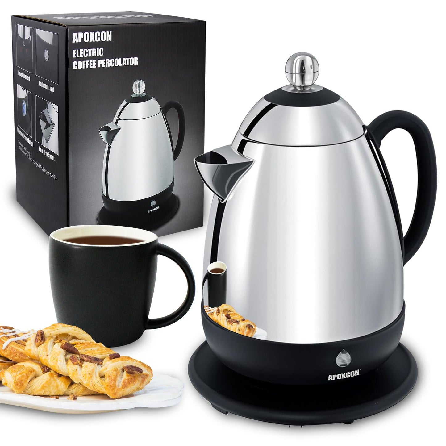APOXCON Electric Coffee Percolator Stainless Steel Coffee Maker with Clear Brew Progress Knob and No-Drip Spout Auto Keep Warm & Cordless Serving Coffee pot with On/OFF Switch Fast Brew (10 Cup)