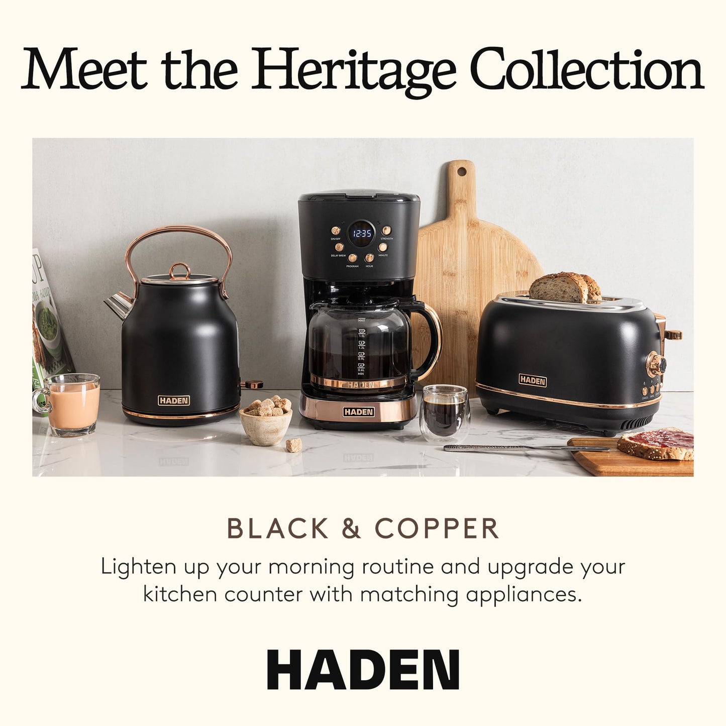 HADEN Coffee Machine, 12 Cup Programmable Drip Coffee Maker with Auto Shut-Off Function and Reusable Washable Water Filter, Black & Copper