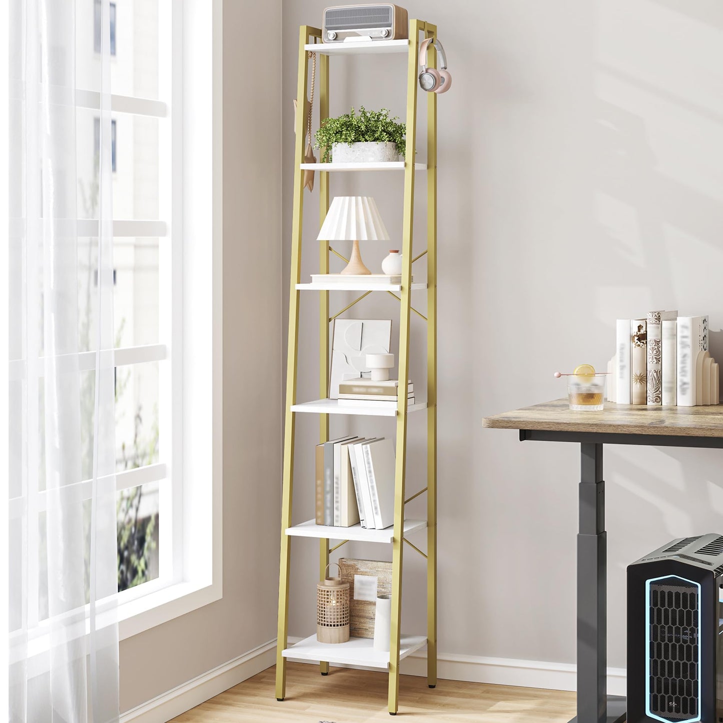 Hzuaneri Ladder Shelf, Bookshelf Bookcase, Freestanding Corner Storage Shelve with 2 Hooks for Home Office, Living Room, Kitchen, Bedroom, Industrial, 11.8" D x 13.4" W x 72.8" H,White Gold BC13313G