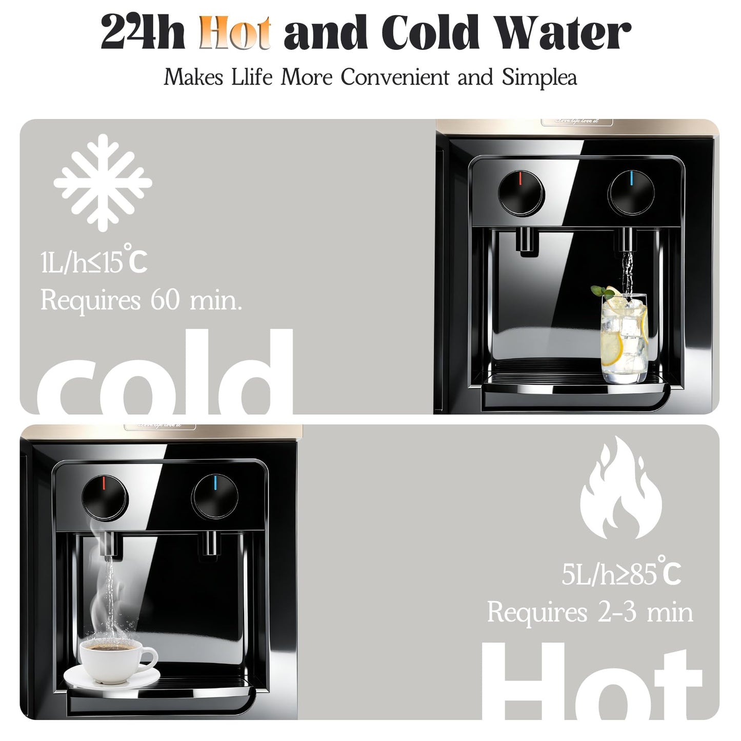 Top-Loading Countertop Water Dispenser for 1.2 to 5 Gallon Bottles, Hot & Cold Water Cooler Dispenser with Rotating Dual Spout, No-Press Dispensing, Visual Door Cover for Kitchen, Office, Bedside Use