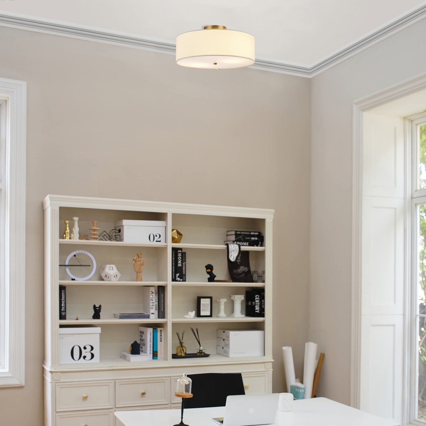 Globe Electric 2-Light Flush Mount Ceiling Light, Matte Brass Finish, White Linen Shade, E26 Base, Dimmable, Minimalist Home Lighting, 60998