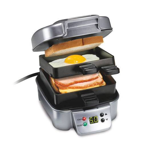 Hamilton Beach Sandwich Stacker Customizable Hot Sandwich Maker, 24 Sq. In. Non-Stick PFAS-Free Cooking Surfaces, Built-In Timer, Compact, Dishwasher-Safe, Perfect White Elephant Gifts, Silver (25471)