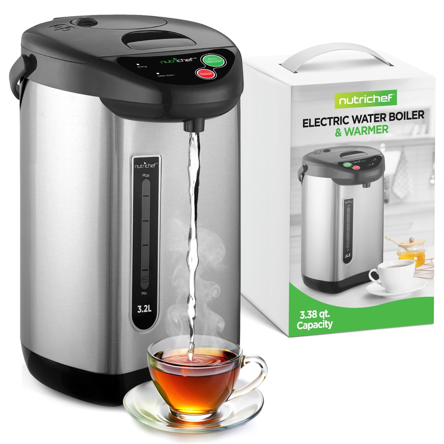NutriChef Hot Water Urn Pot 3.38 QT, Insulated Stainless Steel Hot Water Dispenser & Boiler, Auto & Manual Dispense, Safety Lock, Electric Kettle