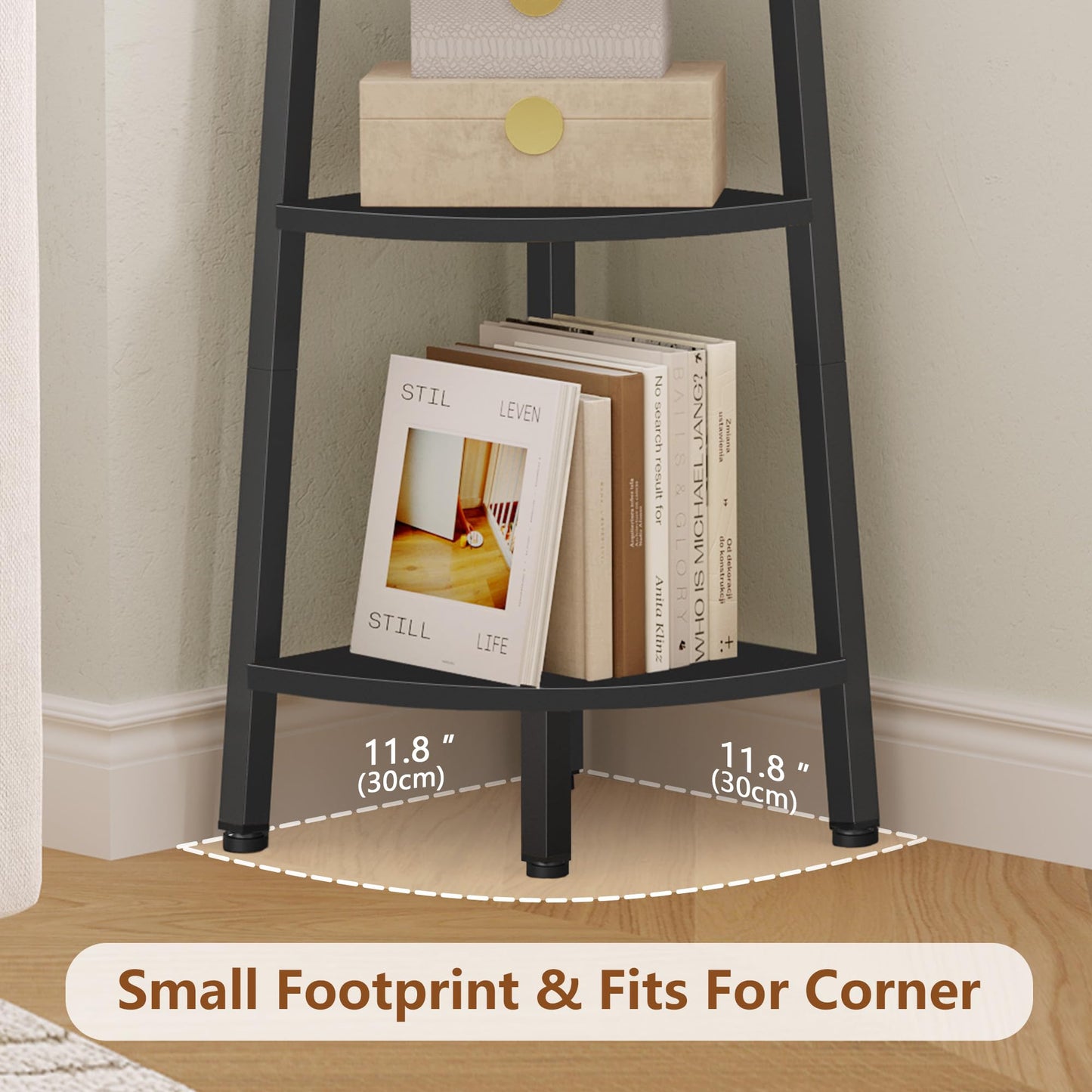 Hoctieon Corner Shelf, 6-Tier Corner Bookshelf, Rustic Ladder Shelf, Industrial Display Stand for Living Room, Kitchen, Home Office, Balcony, Small Space, Metal Frame, Black