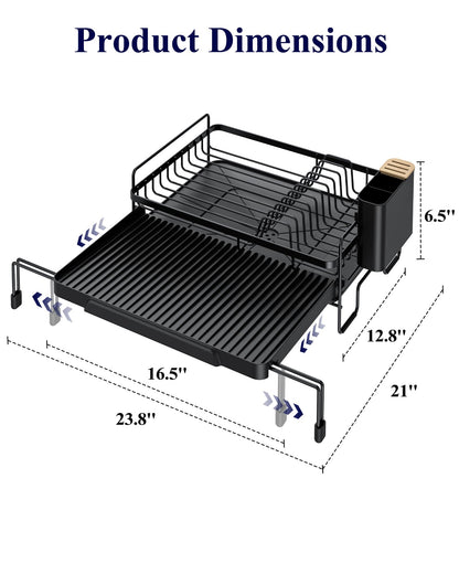 Kitsure Extendable Dish Drying Rack - Adjustable Length 12.8"–21.0", Auto-Draining Dish Rack for Kitchen Counter, Rust-Resistant Metal Frame Over-Sink Support for Plates, Bowls & Utensils, Black