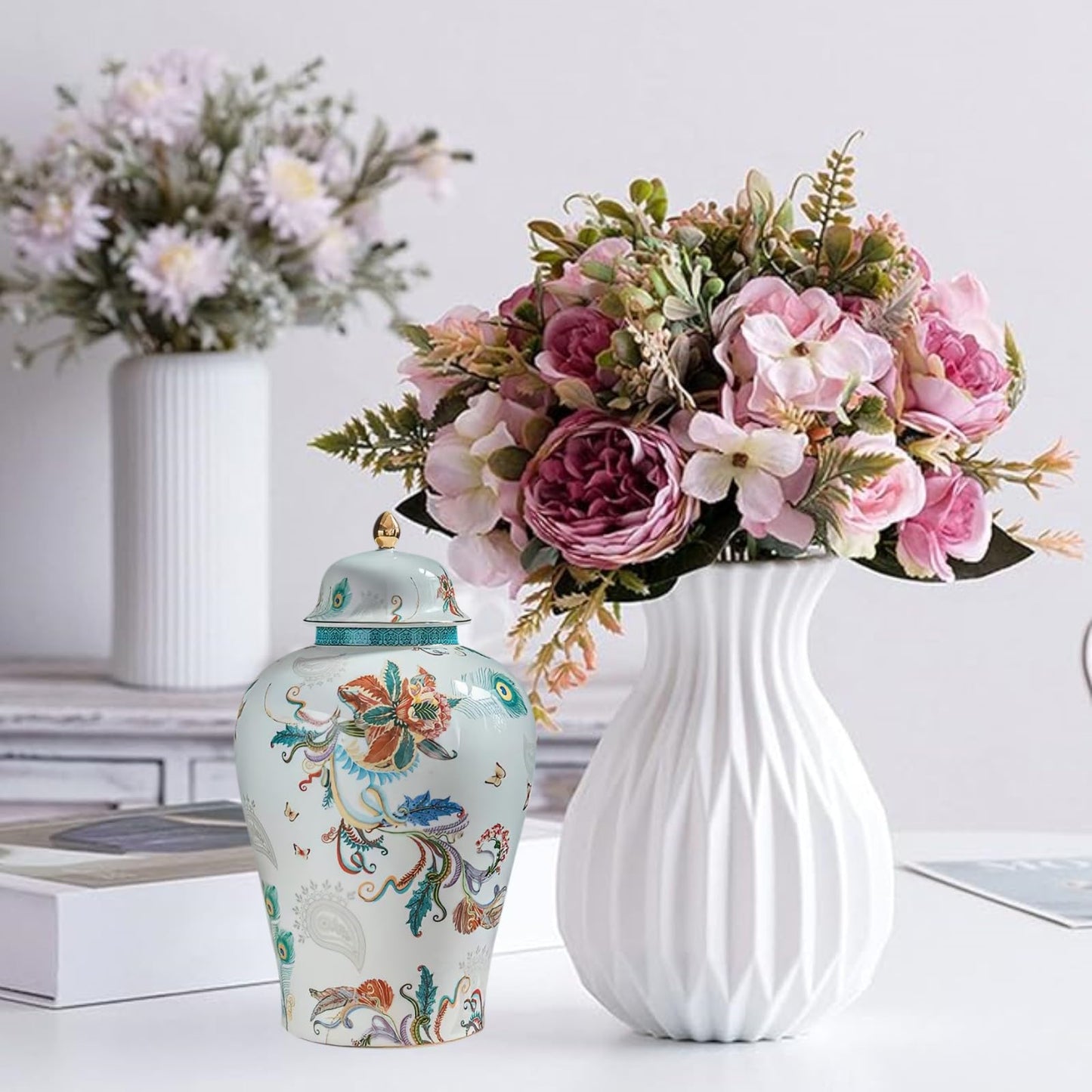MYMYYT 12 inches flowers Ginger Jar - floral pattern Ceramic Decorative with Lid vase， chinoiserie gift Enamel jars for Home/Kitchen/Dining/living room/shelf decor/Tea Storage