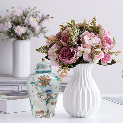 MYMYYT 12 inches flowers Ginger Jar - floral pattern Ceramic Decorative with Lid vase， chinoiserie gift Enamel jars for Home/Kitchen/Dining/living room/shelf decor/Tea Storage