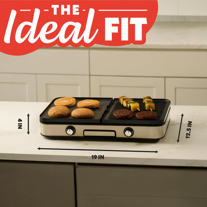 Gourmia 3-in-1 Indoor Grill & Griddle Electric Combo – Dual Independent Cooking Zones, Reversible Nonstick Ceramic Plates, XL Cooking Surface, 250–400°F Adjustable Temp, Dishwasher Safe