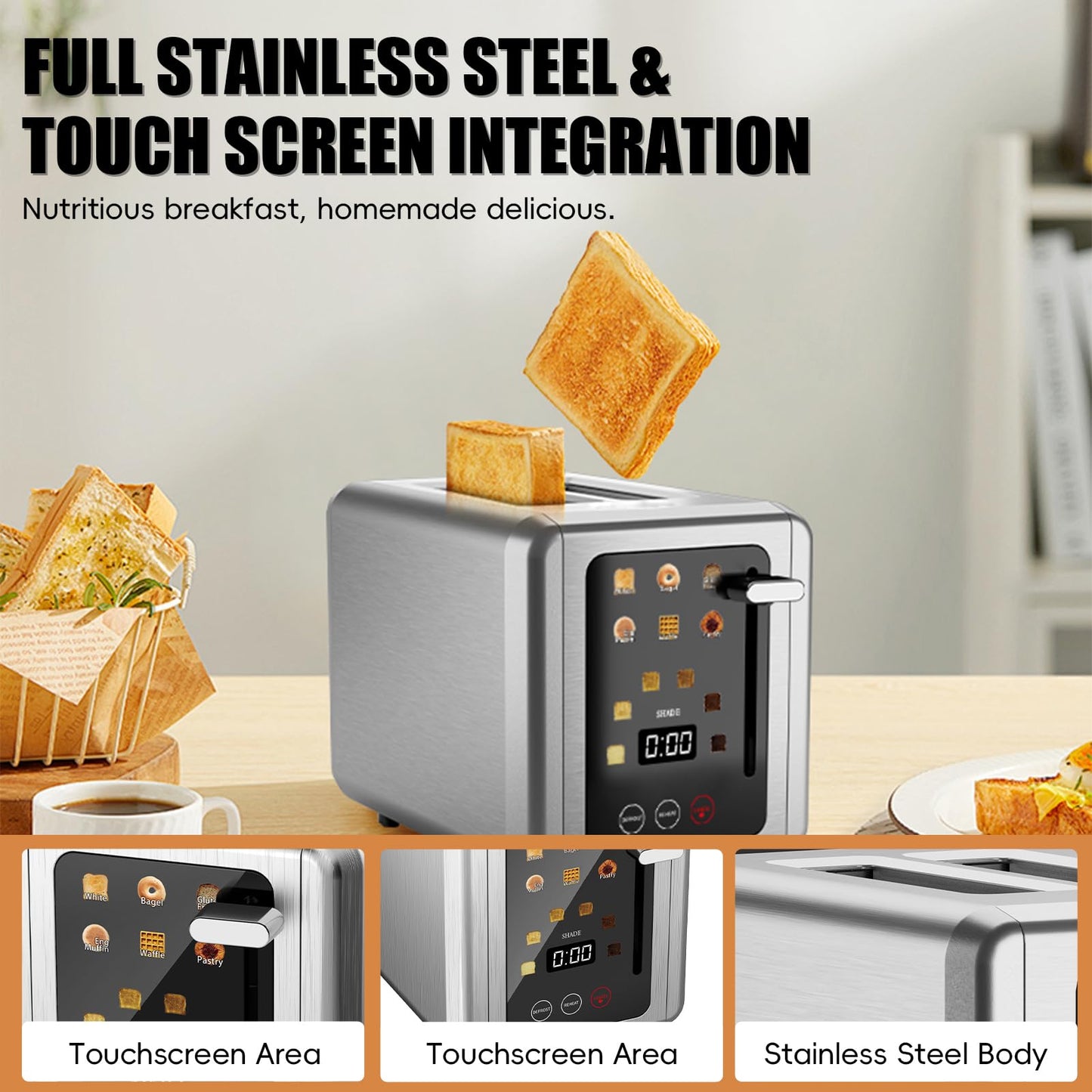 WUNLY 2 Slice Toaster,Touchscreen & Dual Independent Control Panel,5 Basic Functions & Digital Countdown Toasters,6 Shade Settings＆6 Bread Types,Smart Bread Maker Mute/Screen-Off,Titanium
