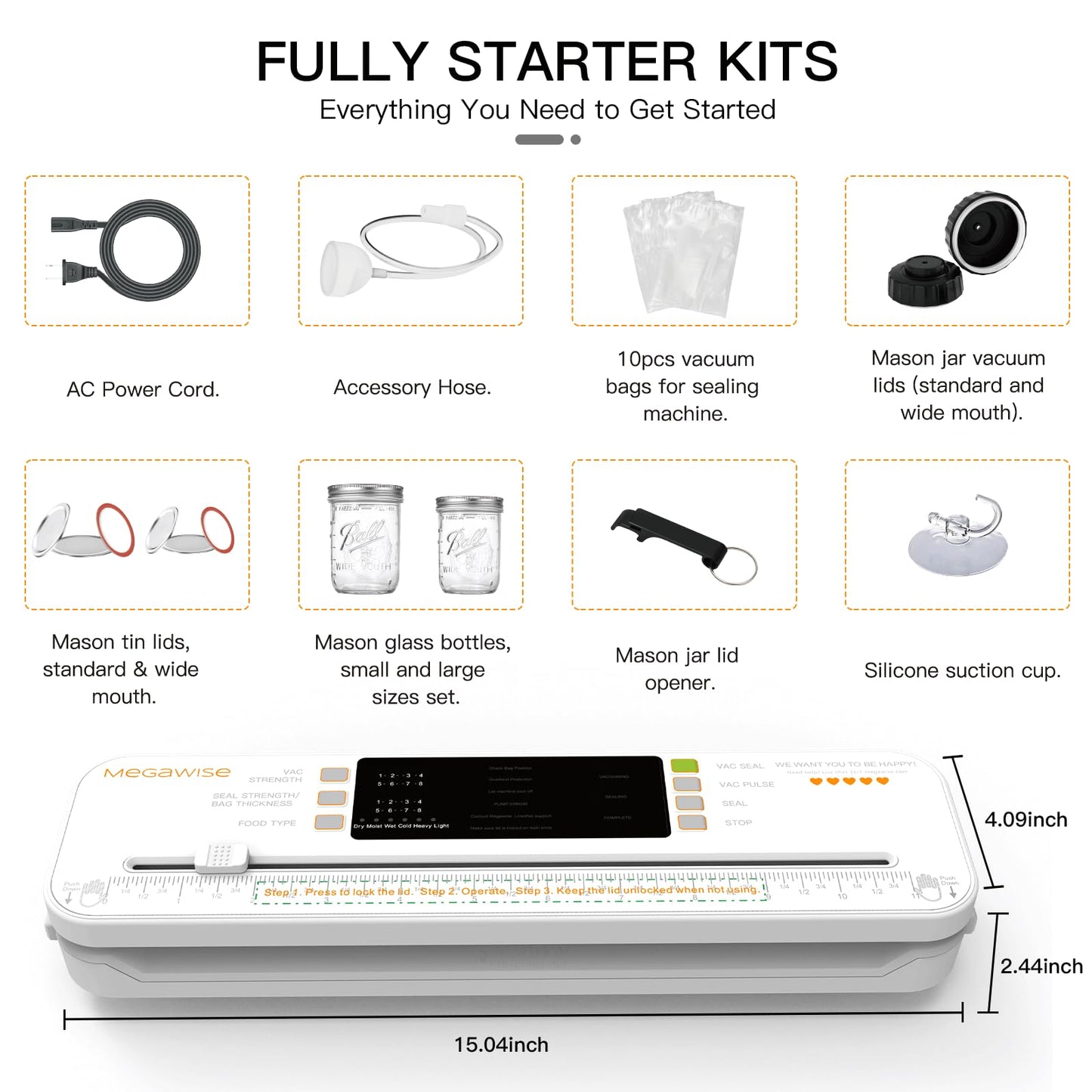 MEGAWISE Food Vacuum Sealer for Food Preservation, Freezer Storage & Meal Prep, Dry & Moist Modes, Built-in Cutter Compact, White