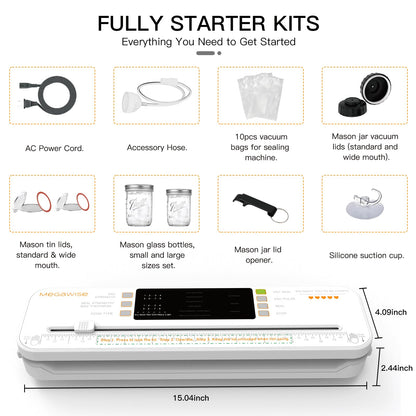 MEGAWISE Food Vacuum Sealer for Food Preservation, Freezer Storage & Meal Prep, Dry & Moist Modes, Built-in Cutter Compact, White
