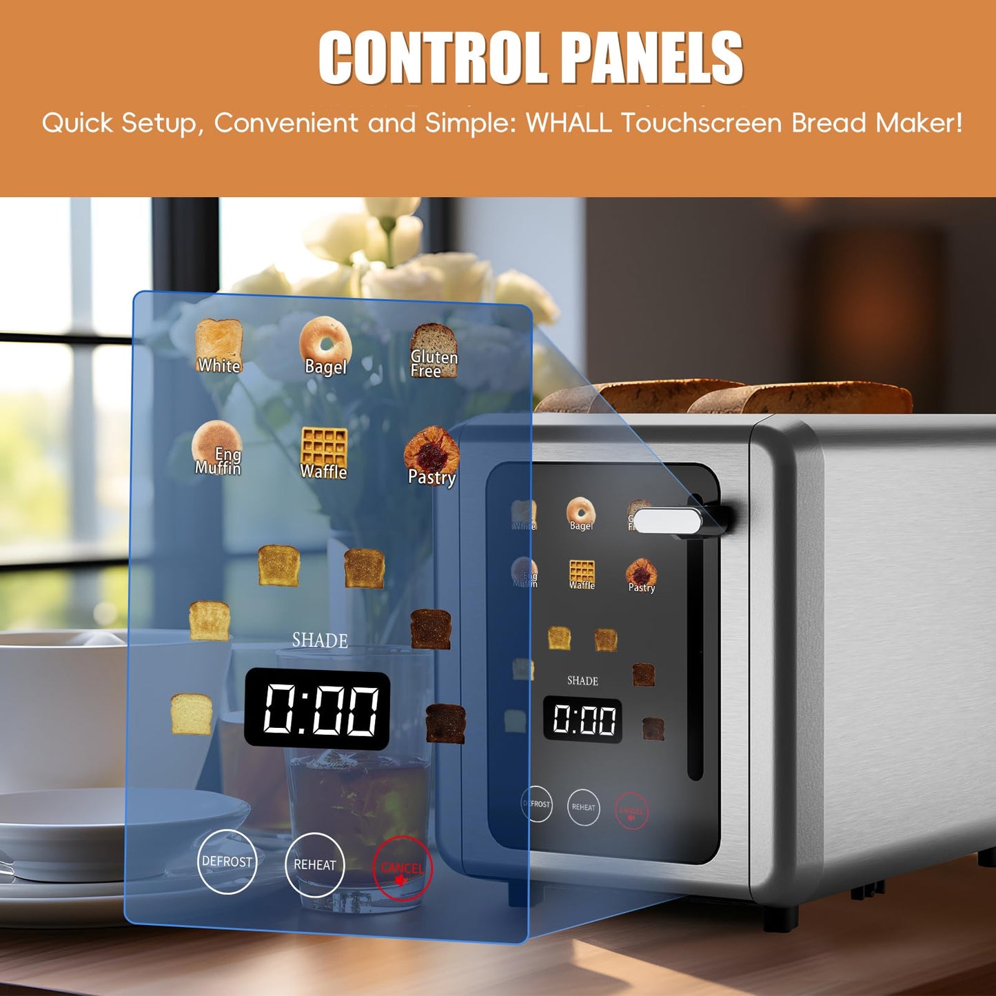 WUNLY 2 Slice Toaster,Touchscreen & Dual Independent Control Panel,5 Basic Functions & Digital Countdown Toasters,6 Shade Settings＆6 Bread Types,Smart Bread Maker Mute/Screen-Off,Titanium