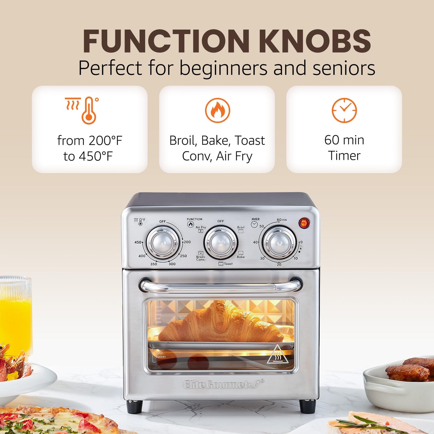 Elite Gourmet EAF0852SS 8.5Qt. Capacity Air Fryer Oven, Air Fry, Broil, Toast, Bake & Broil with Convection, Time and Temperature Controls, 800-Watts, Includes 25 Delicious Recipes, Stainless Steel