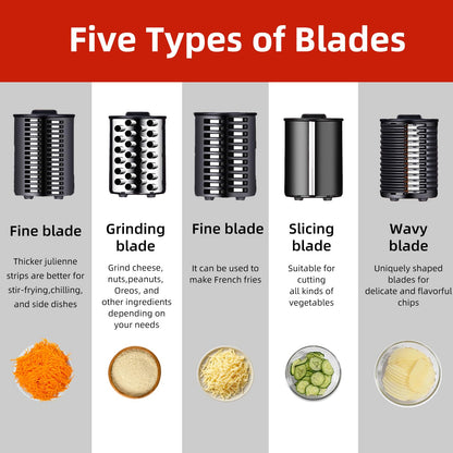 5 In 1 Electric vegetable slicer，300W Electric Cheese Grater Salad Shooter, One-Touch Easy Control, Electric Grater for Vegetables, Cheeses and NutsFor Home Kitchen