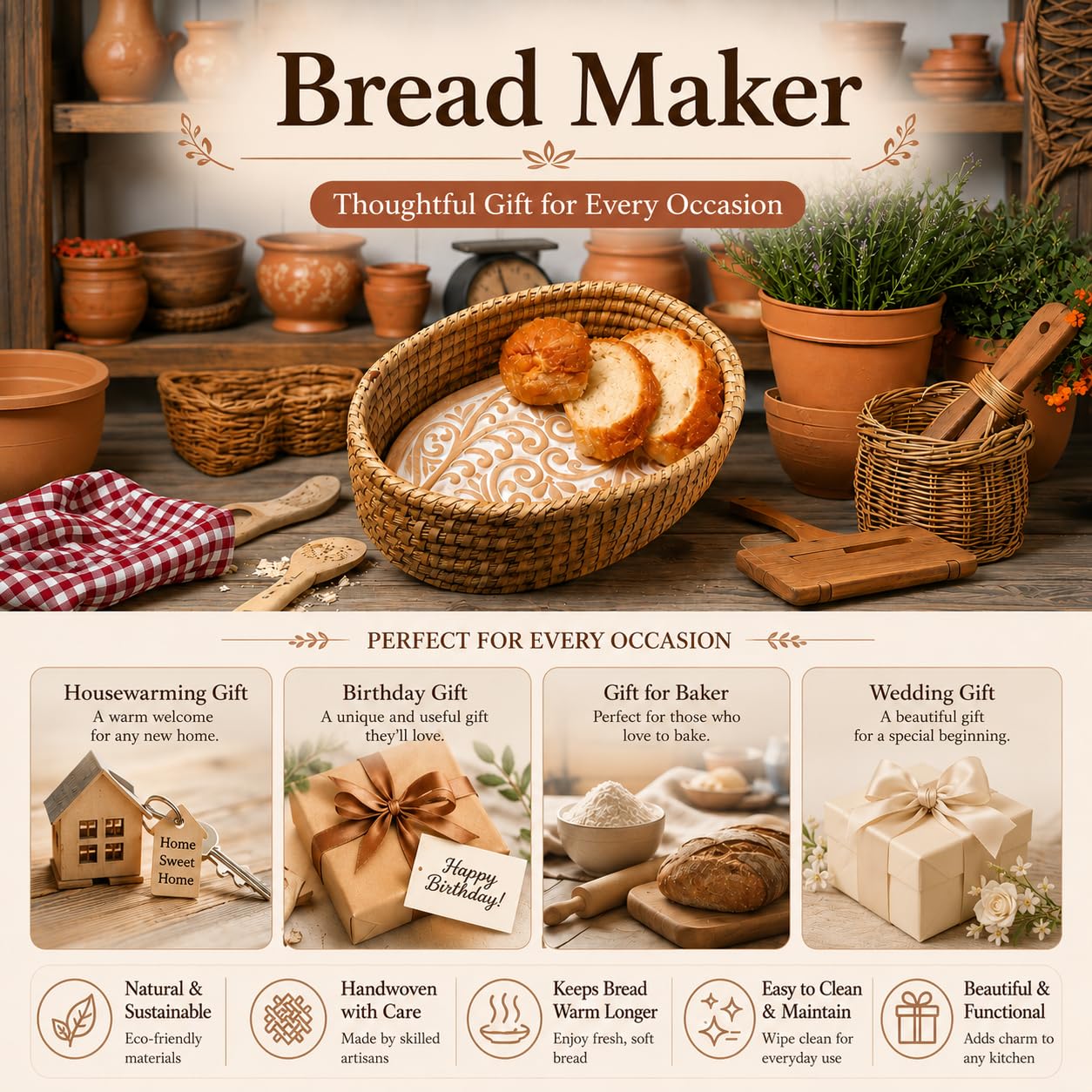 Bread Warmer Basket with Stone - Bread Baskets for Serving Tortilla, Sourdough Maker, House Warming Gifts New Home, Terracotta, Bakers Gift for Kitchen, Women, Men, Birthday, Hostess Farmhouse