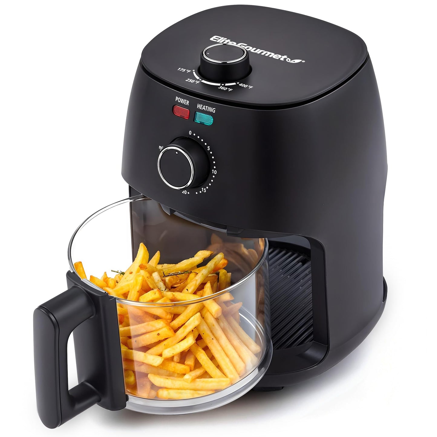 Elite Gourmet Glass Air Fryer, 2.4 Qt Compact Size for 1–2 People, PFAS-Free Ceramic & Glass Basket, Visible Cooking, Adjustable Temp 175–400°F, 1150W, Black