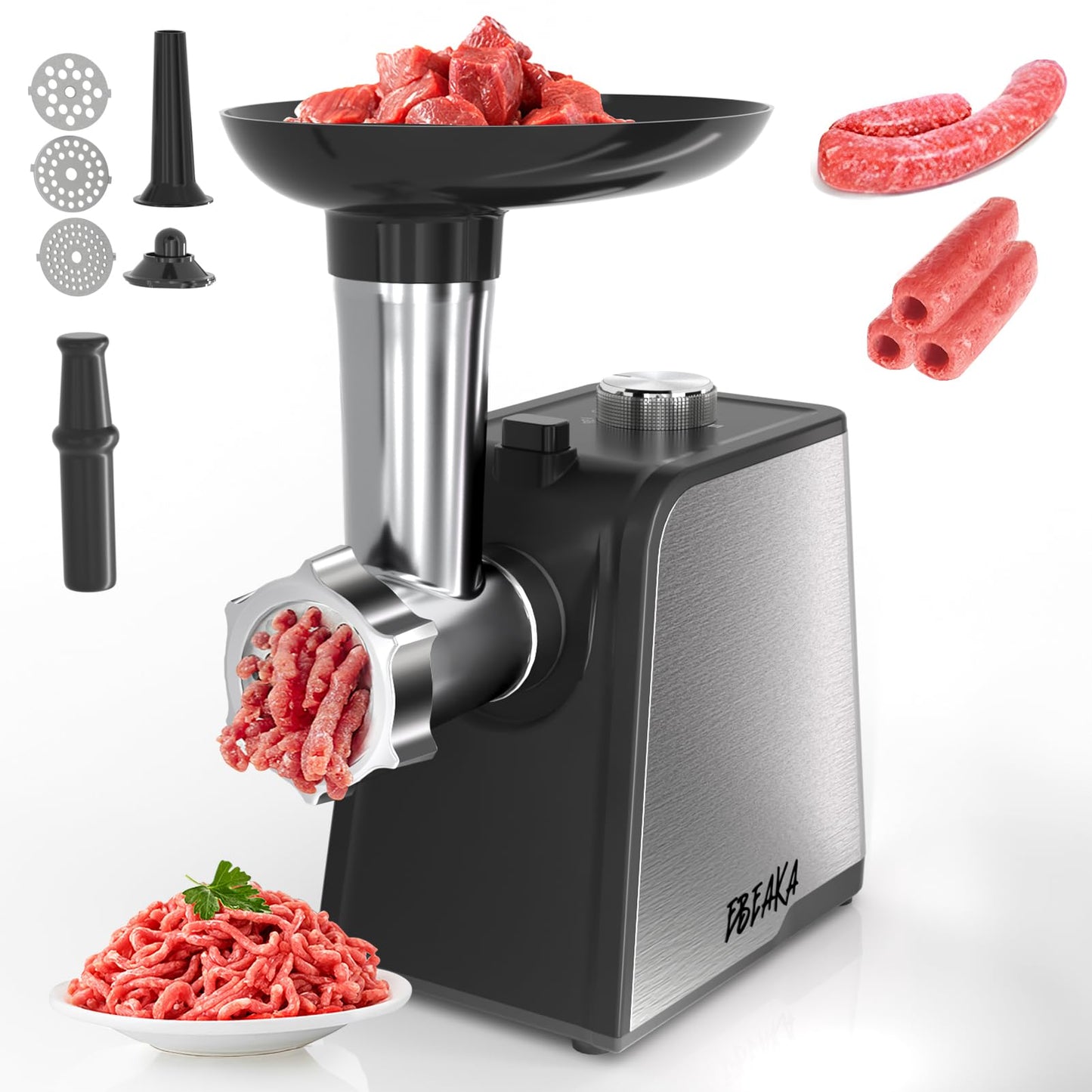EBEAKA Electric Meat Grinder & Sausage Stuffer - Heavy Duty Mincer with 3 Plates, Kubbe Kit & Stainless Steel Blades for Home Kitchen