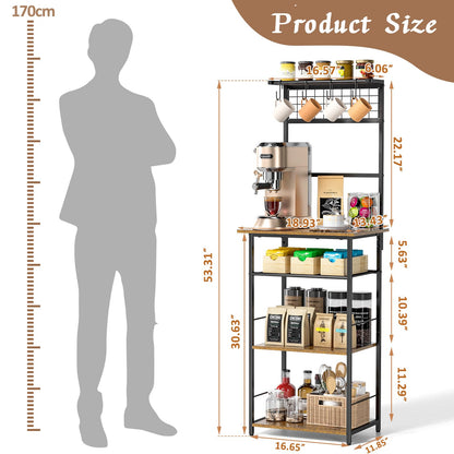 5 Tier Coffee Bar Station, Kitchen Stand with 4 S-Shaped Hooks, Farmhouse Corner Coffee Bar Cabinet for Small Spaces, Bakers Rack for Kitchen, Entryway, Living Room, 13.43"D x 18.93"W x 53.31"H