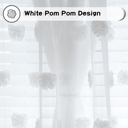 MYSKY HOME White Curtains for Bedroom 63 Inch Long Double Layer Curtains for Kids Room Kithen White Pom Pom Sheer Nursery Curtains Grommet Room Darkening Window Curtains 2 Panels Set, 52 x 63 Inch