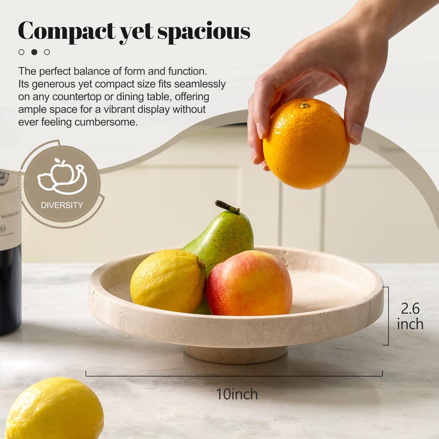 Koville Natural Travertine Fruit Bowl for Kitchen Counter – Decorative Stone Serving Marble Bowl for Fresh Fruits, Snacks, and Home Decor Centerpiece