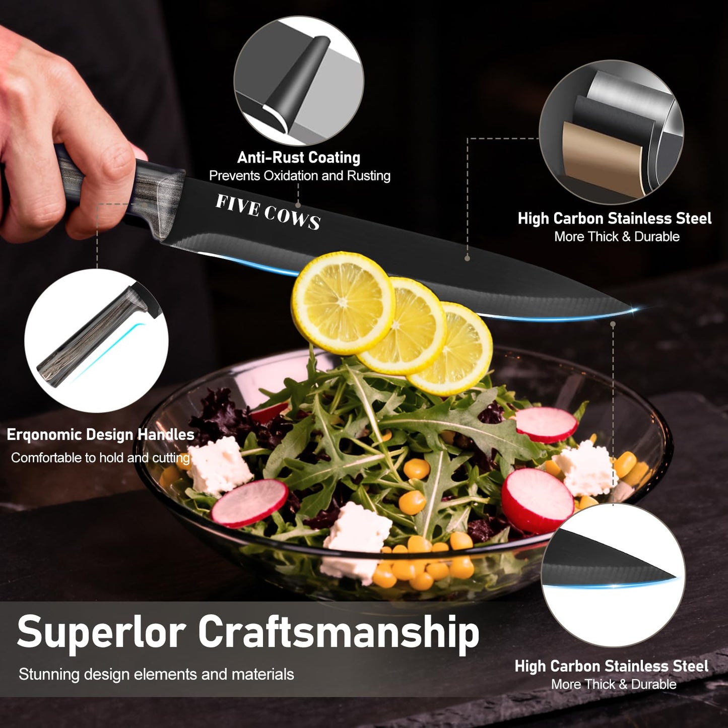 16-Piece Kitchen Knife Block Set with Cutting Board - German Stainless Steel Knives, Built-In Sharpener, Dishwasher Safe, Anti-Slip Handle - All-in-One Cutlery Set for Home/Kitchen (Black)