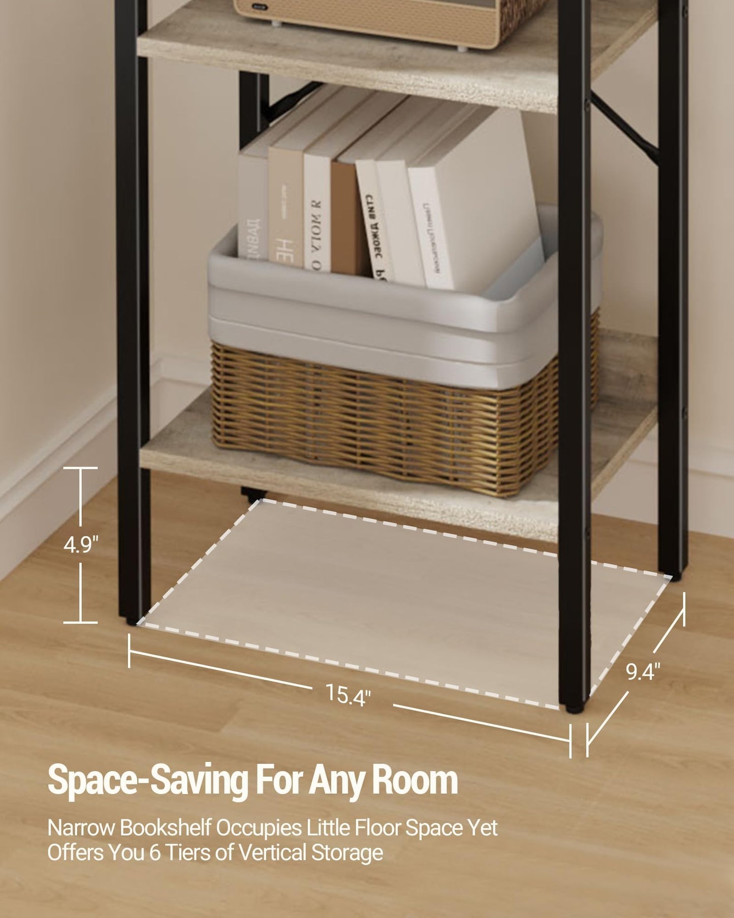 Hzuaneri Bookshelf, Book Shelf, Industrial Bookcase with 2 Hooks, Coner Shelf Storage Organizer for Home Office, Living Room, Bedroom, Kitchen, 6-Tier Greige BC10705B