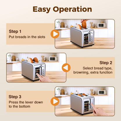 2 Slice Easy Touch Screen Toaster, Stainless Steel Toaster with Wide Slots, Even Toasting for Bagels & Bread, Reheat & Defrost, Removable Crumb Tray, Silver