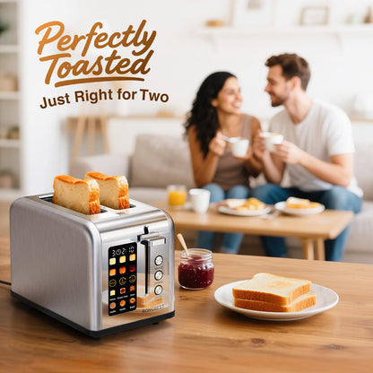 2 Slice Easy Touch Screen Toaster, Stainless Steel Toaster with Wide Slots, Even Toasting for Bagels & Bread, Reheat & Defrost, Removable Crumb Tray, Silver