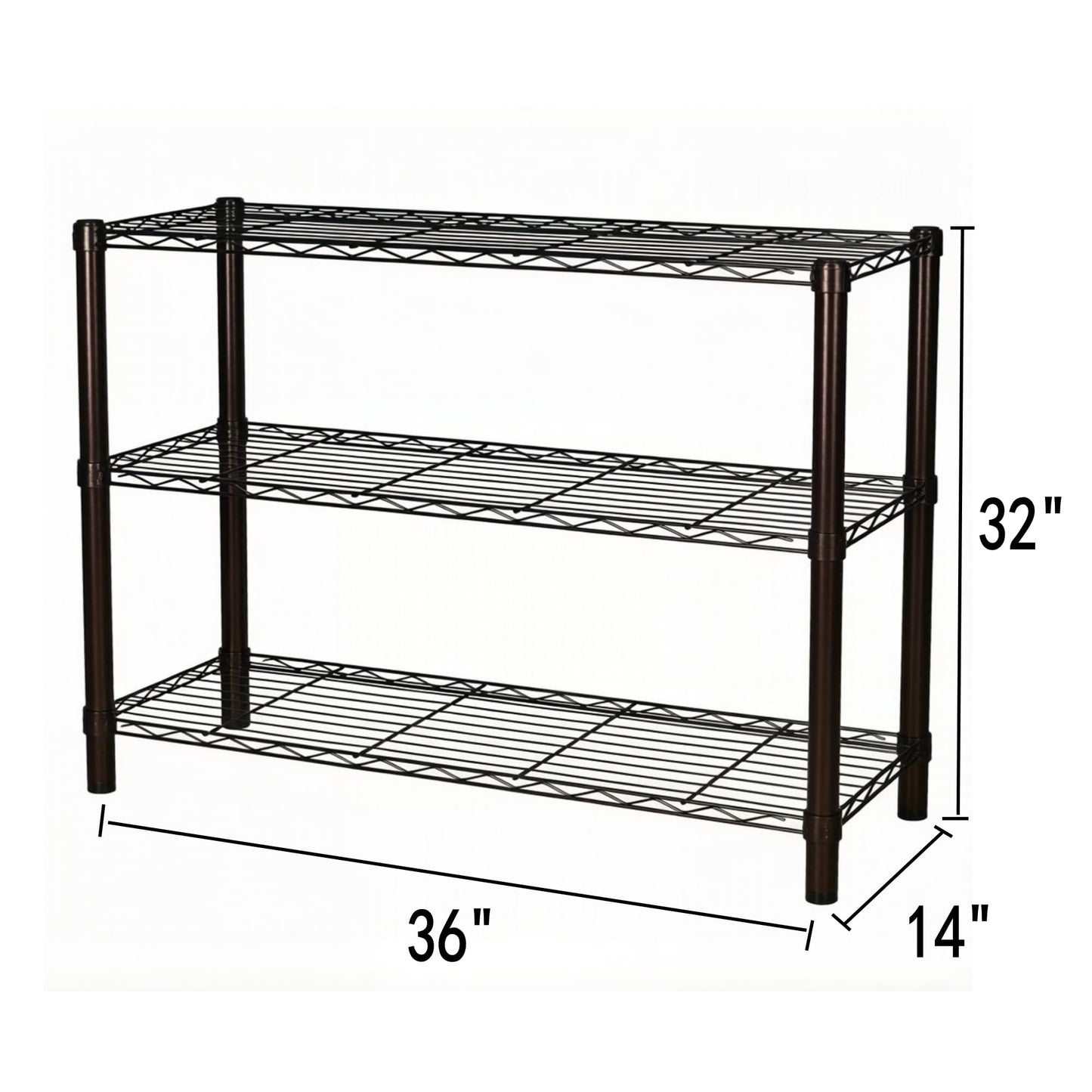 Standing Shelving Units, 36" W x 14" D x 32" H Metal Storage Shelves, Adjustable Carbon Steel Wire Shelving Rack Display Shelf for Garage Bathroom Kitchen Home Office (3-Tiers, Black)