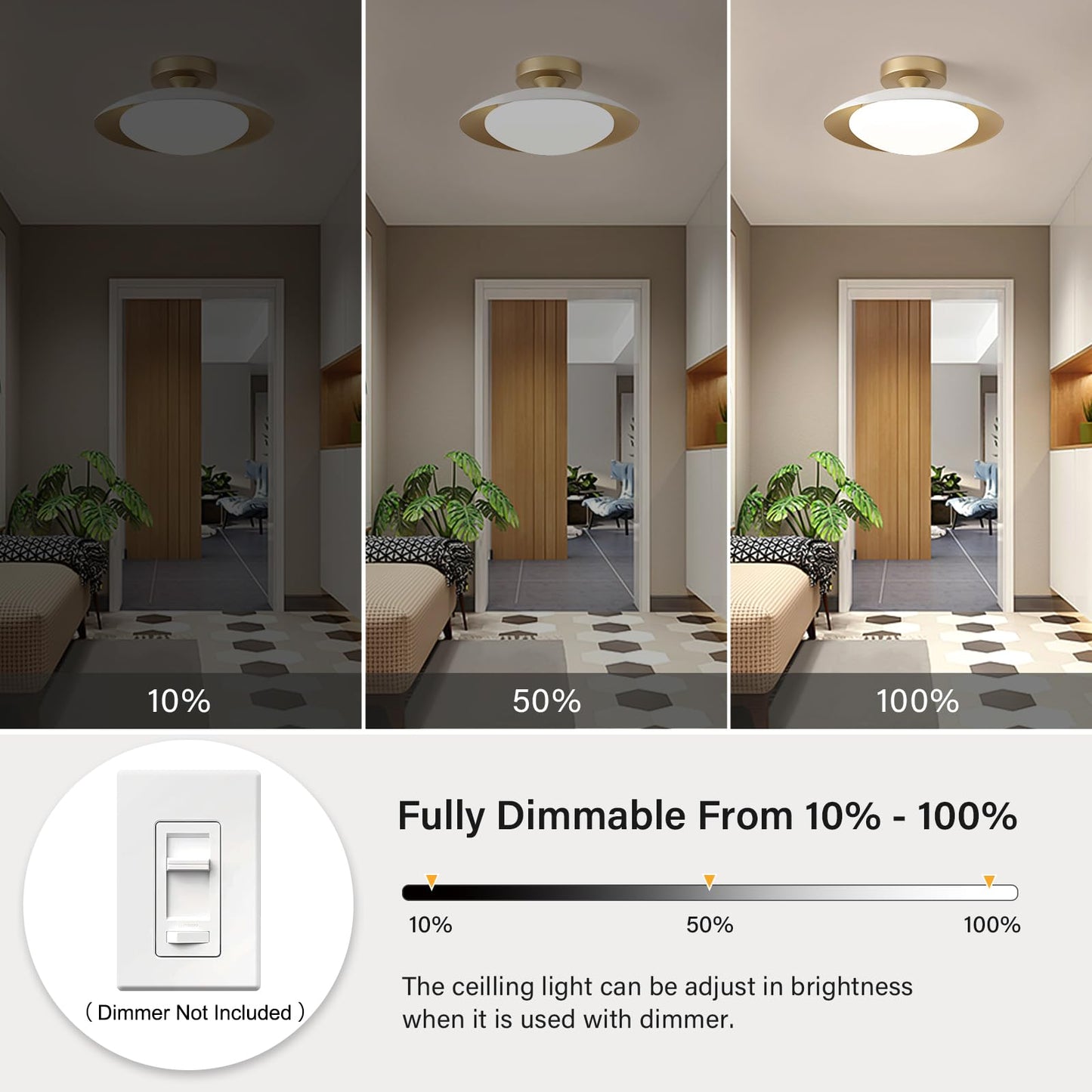 Dimmable Modern Mid-Century Ceiling Light, White and Gold LED Semi Flush Mount Ceiling Light, 5CCT 2700K-6000K Lighting Fixture Ceiling Lamp with Glass Shade for Bedroom Hallway Kitchen, 12.6in