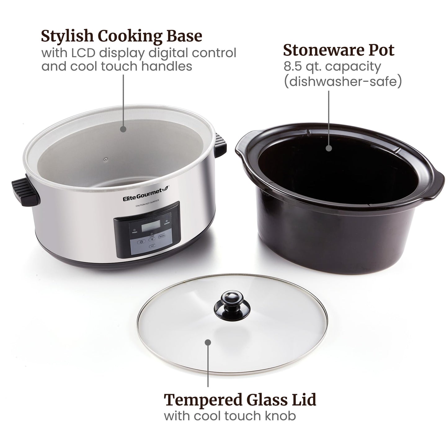 Elite Gourmet MST-900D 8.5Qt Digital Programmable XL Jumbo Slow Cooker, Adjustable Temp, Entrees, Sauces, Stews & Dips, Dishwasher Safe Glass Lid & Crock, Stainless Steel