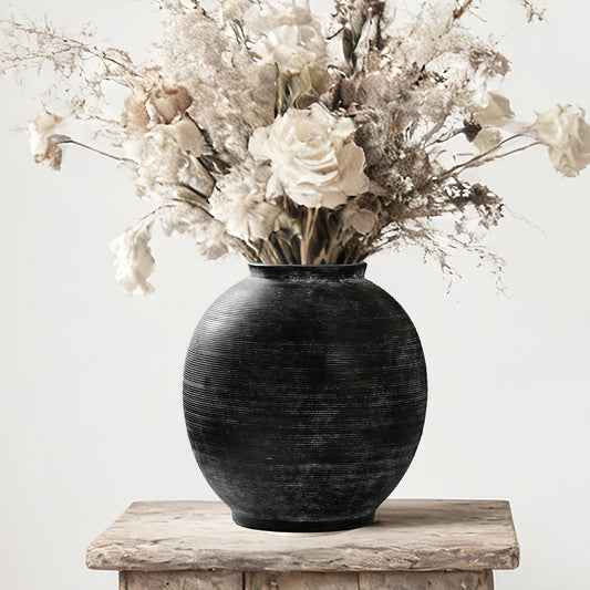 Large Black Ceramic Vase Home Decor, Round Farmhouse Table & Floor Vases Rustic Vintage Living Room Entrway Kitchen Bedroom Decorations，Minimalist Hand-Made Textured Vase (10.8” H Black Bronze)