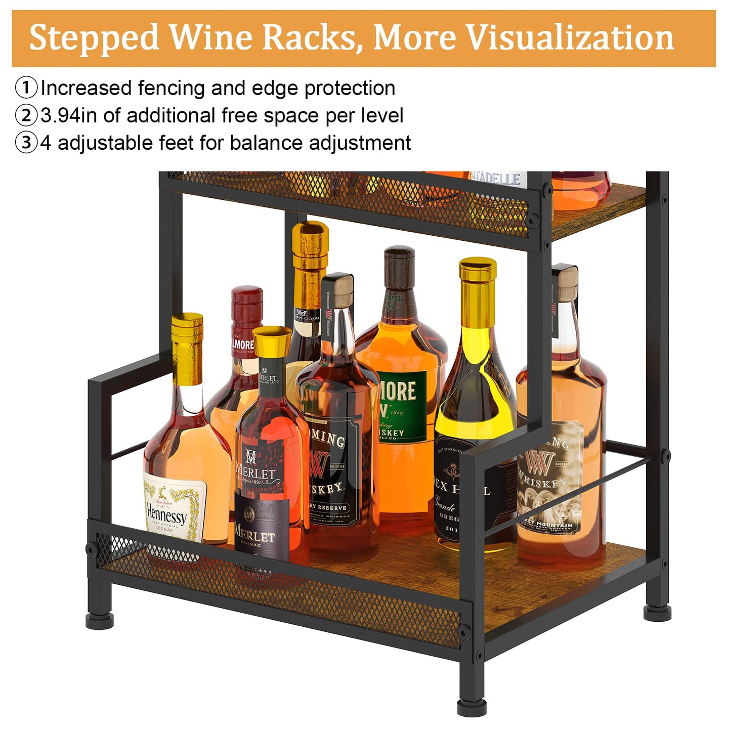 Hayexiha 4-Tier Stepped Freestanding Wine Rack, Large Capacity Liquor Cabinet with Anti-Fall Guardrails and Rounded Corners, Bottle Display Shelf & Mini Bar for Living Room, Home Bar, Kitchen Corner