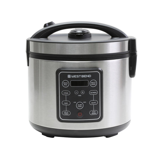 West Bend Rice & Grain Multi Cooker Programmable with 9 Preset Functions, Features Delay Start and Keep Warm Functions and Steam Basket, 20 Cups Cooked (10 cups uncooked), Stainless Steel